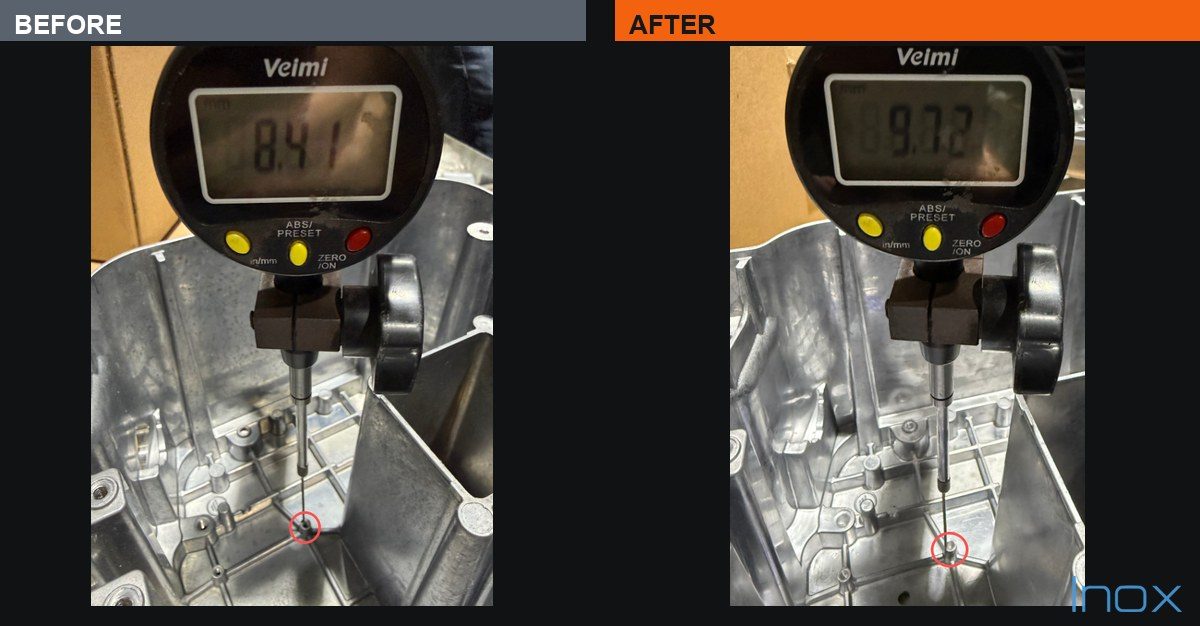 Before and after digital height gauge readings on a cast boss, showing 8.41 mm before the tooling change and 9.72 mm after, against a 9.7 mm requirement
