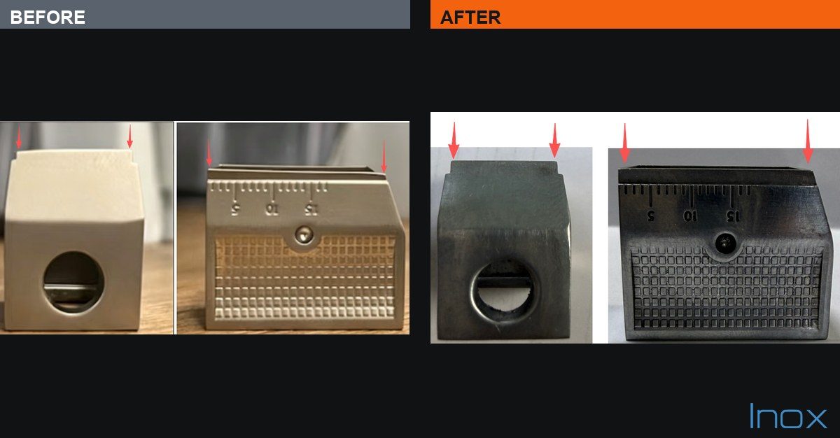 Before and after photographs of a zinc die-cast housing feed opening, showing an uneven hand-ground edge and the same edge machined flat