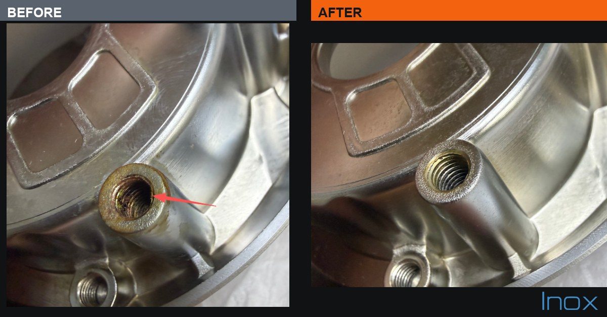 Before and after macro photographs of a threaded hole in an aluminium die casting, showing plating residue inside the thread and the same hole clean after the fix
