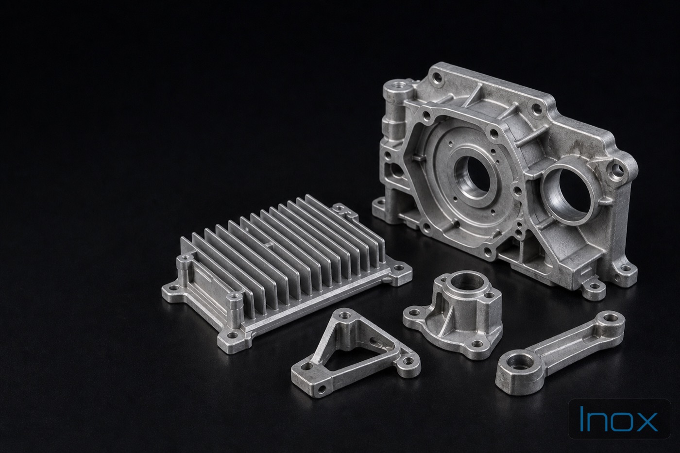 Finned aluminum die cast housing with an as-cast surface, arranged on a bench