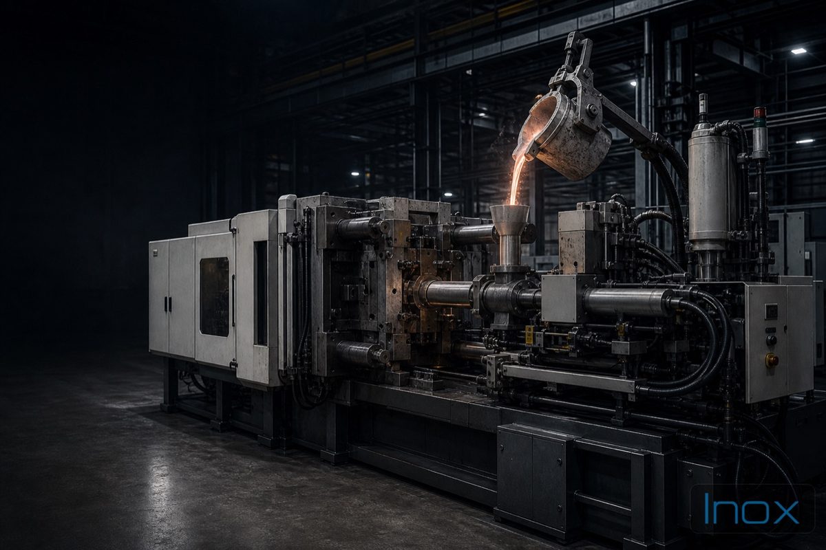 Cold chamber die casting machine with a molten aluminum ladle pour