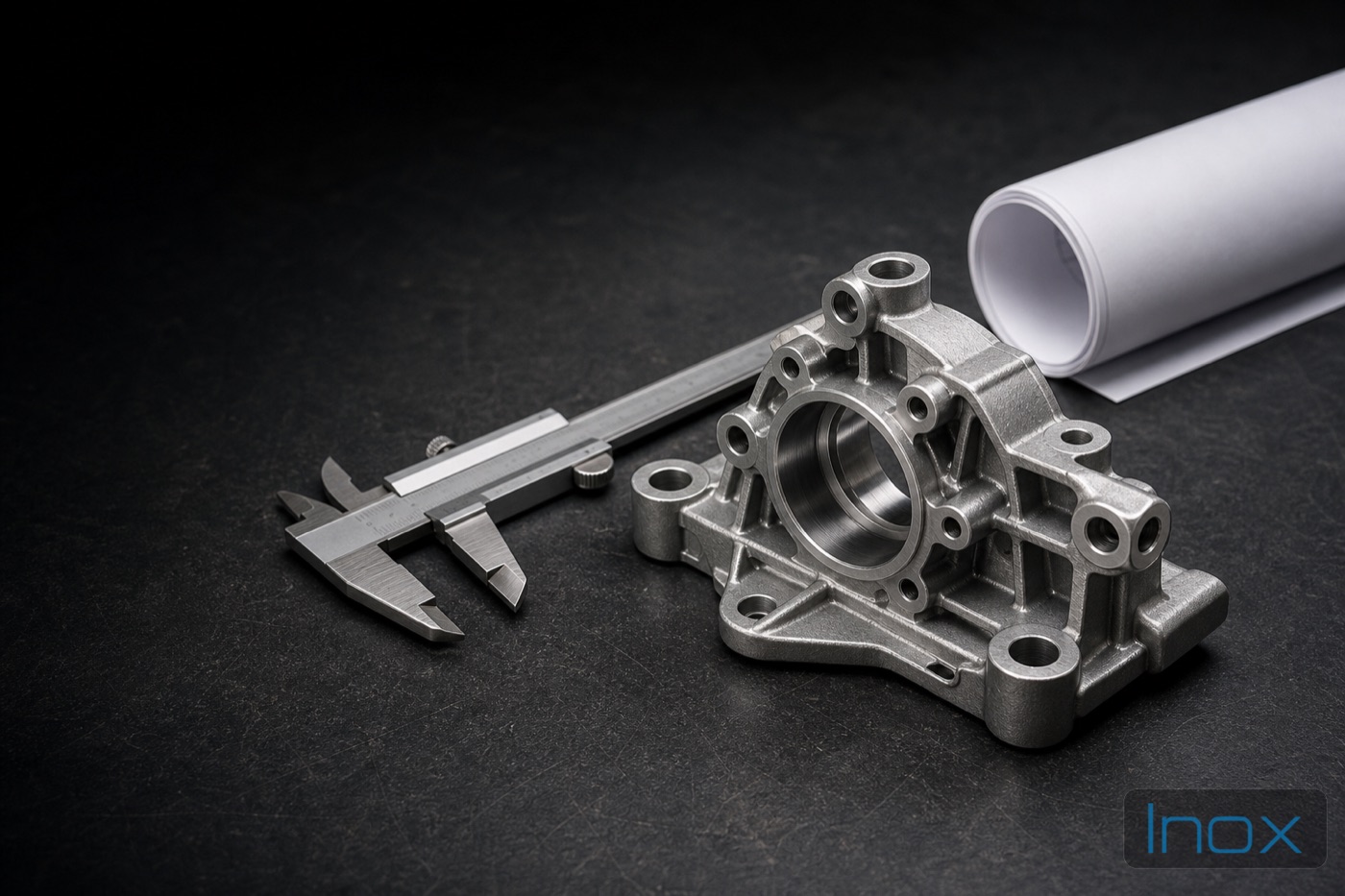 A die-cast part with a caliper and a technical drawing
