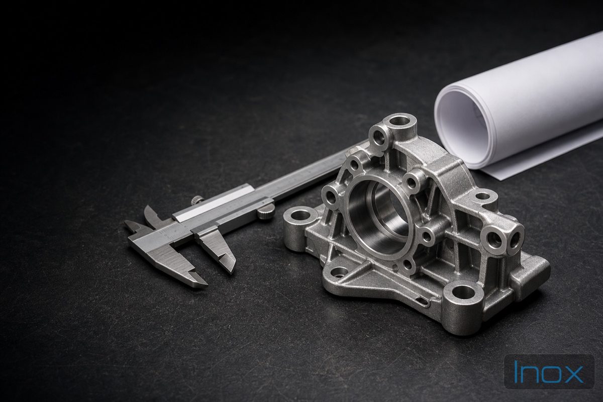 A die-cast part with a caliper and a technical drawing