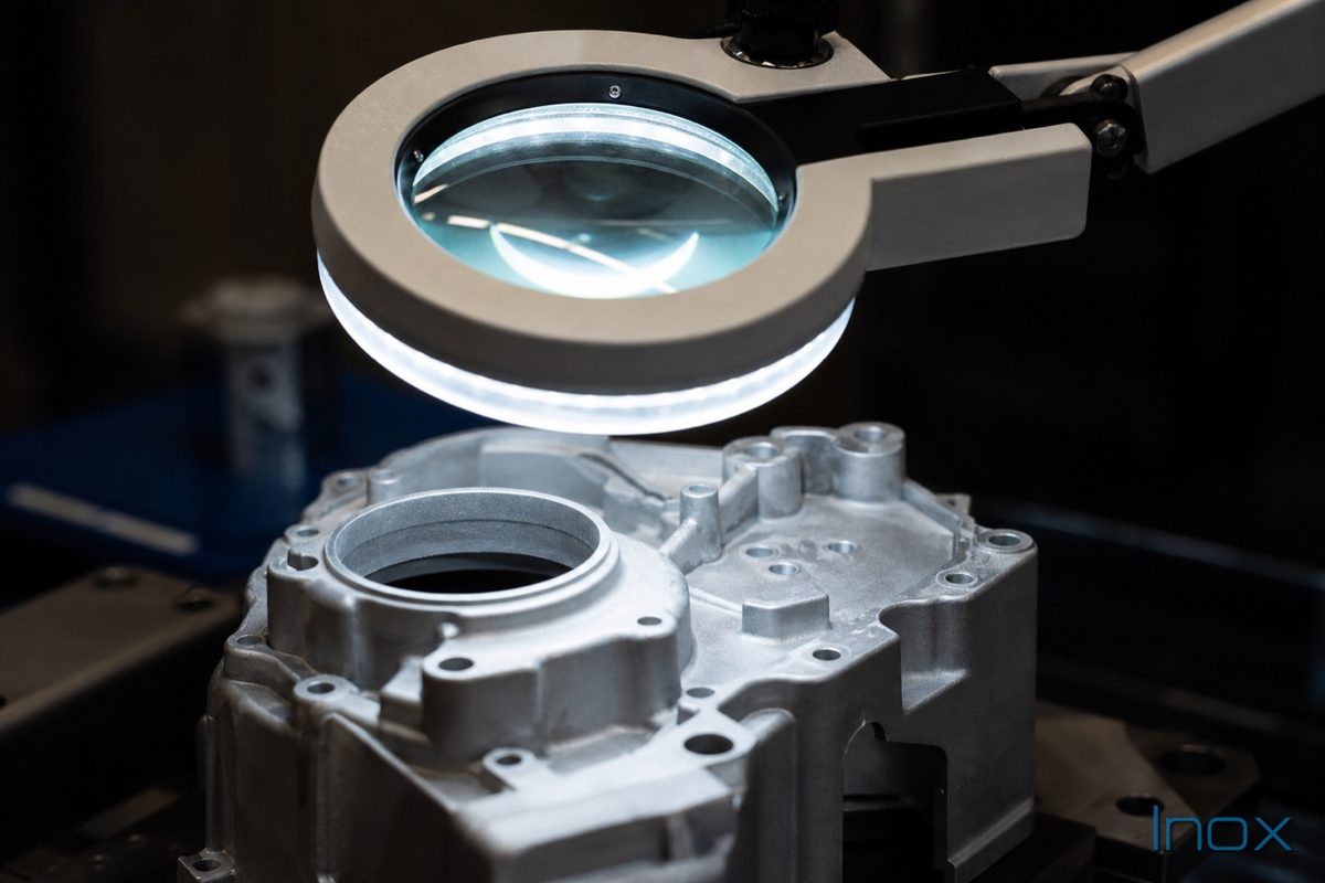 A die-cast part examined under an illuminated inspection magnifier