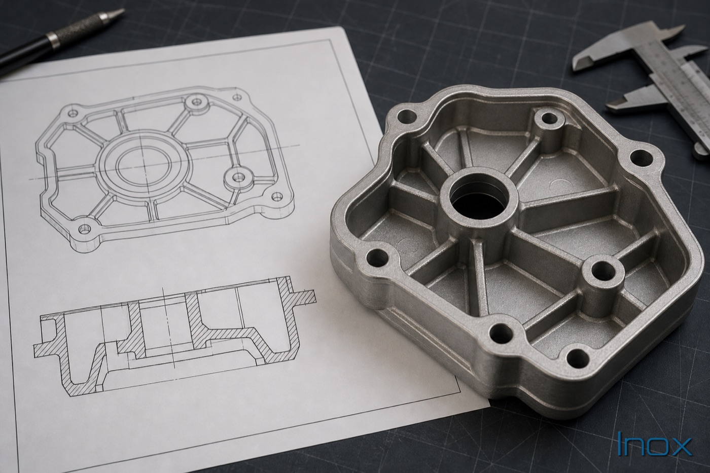 A ribbed die-cast part beside a technical drawing showing plan and section views