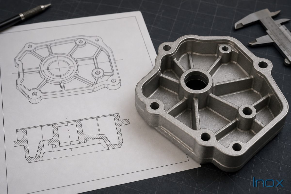 A ribbed die-cast part beside a technical drawing showing plan and section views