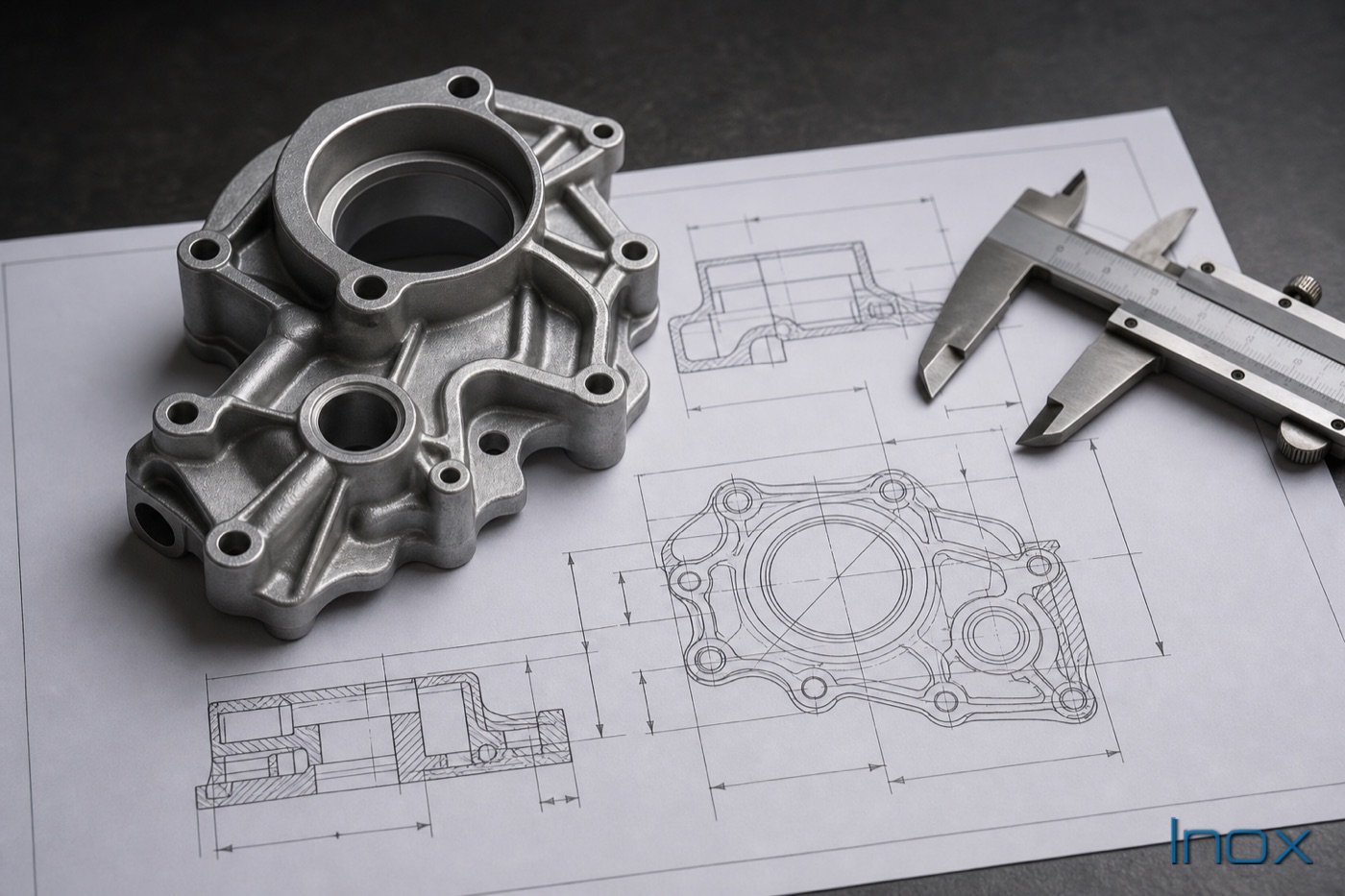 A die-cast part beside an engineering drawing and a caliper