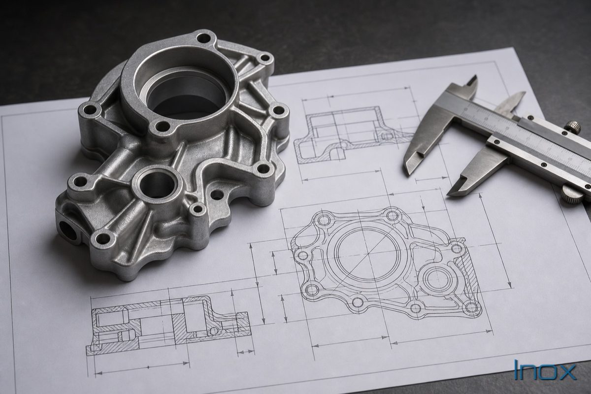 A die-cast part beside an engineering drawing and a caliper