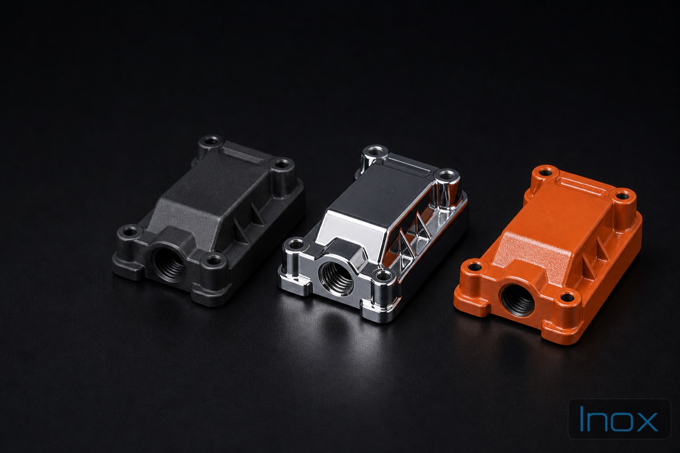 Powder coated aluminum die cast housings on a finishing line, matte grey surfaces