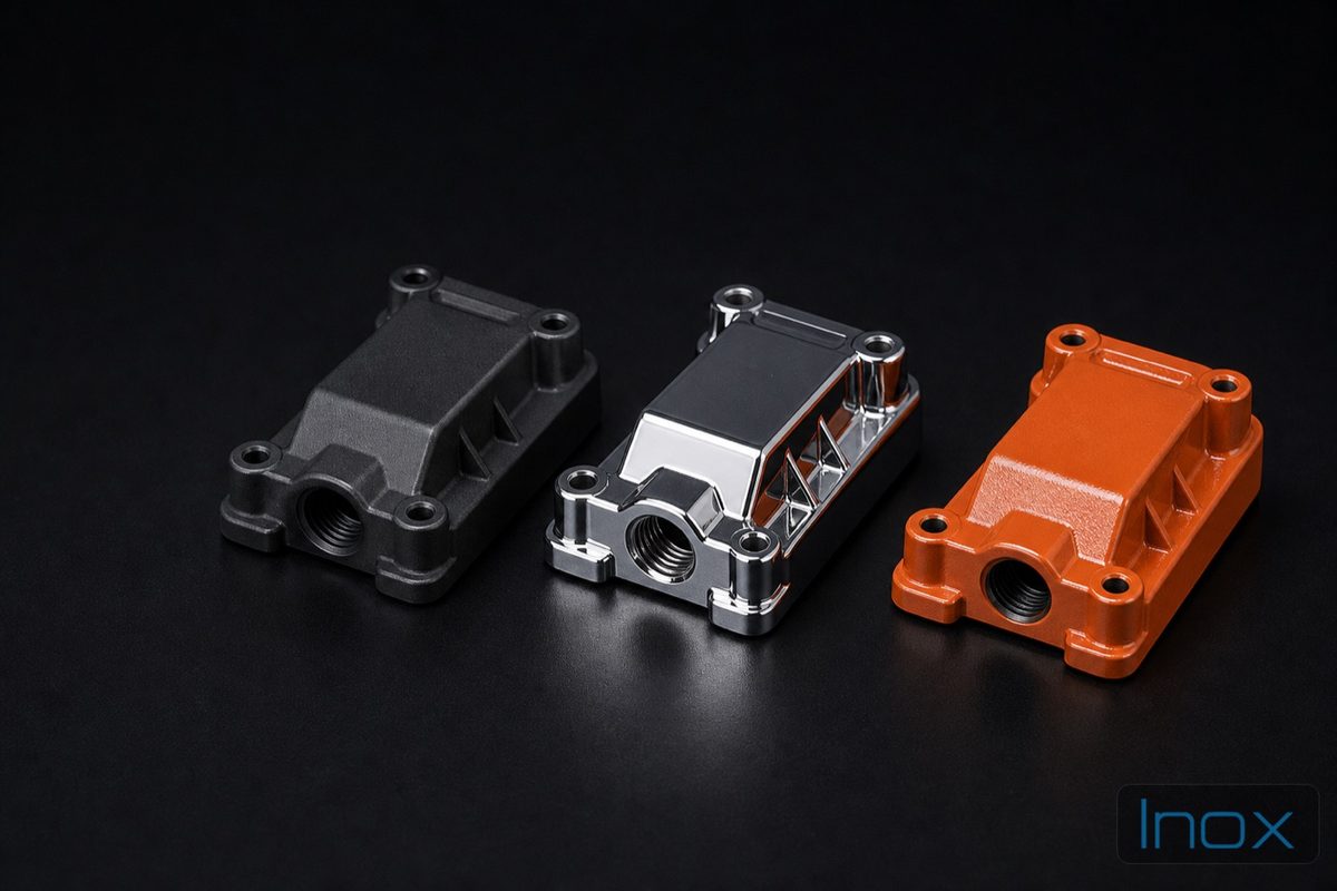 Powder coated aluminum die cast housings on a finishing line, matte grey surfaces