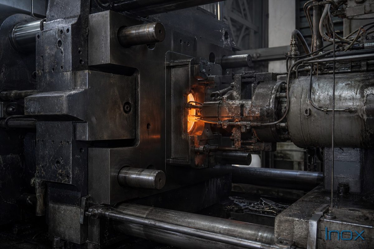 Molten aluminum being injected under pressure into a steel die on a cold chamber machine