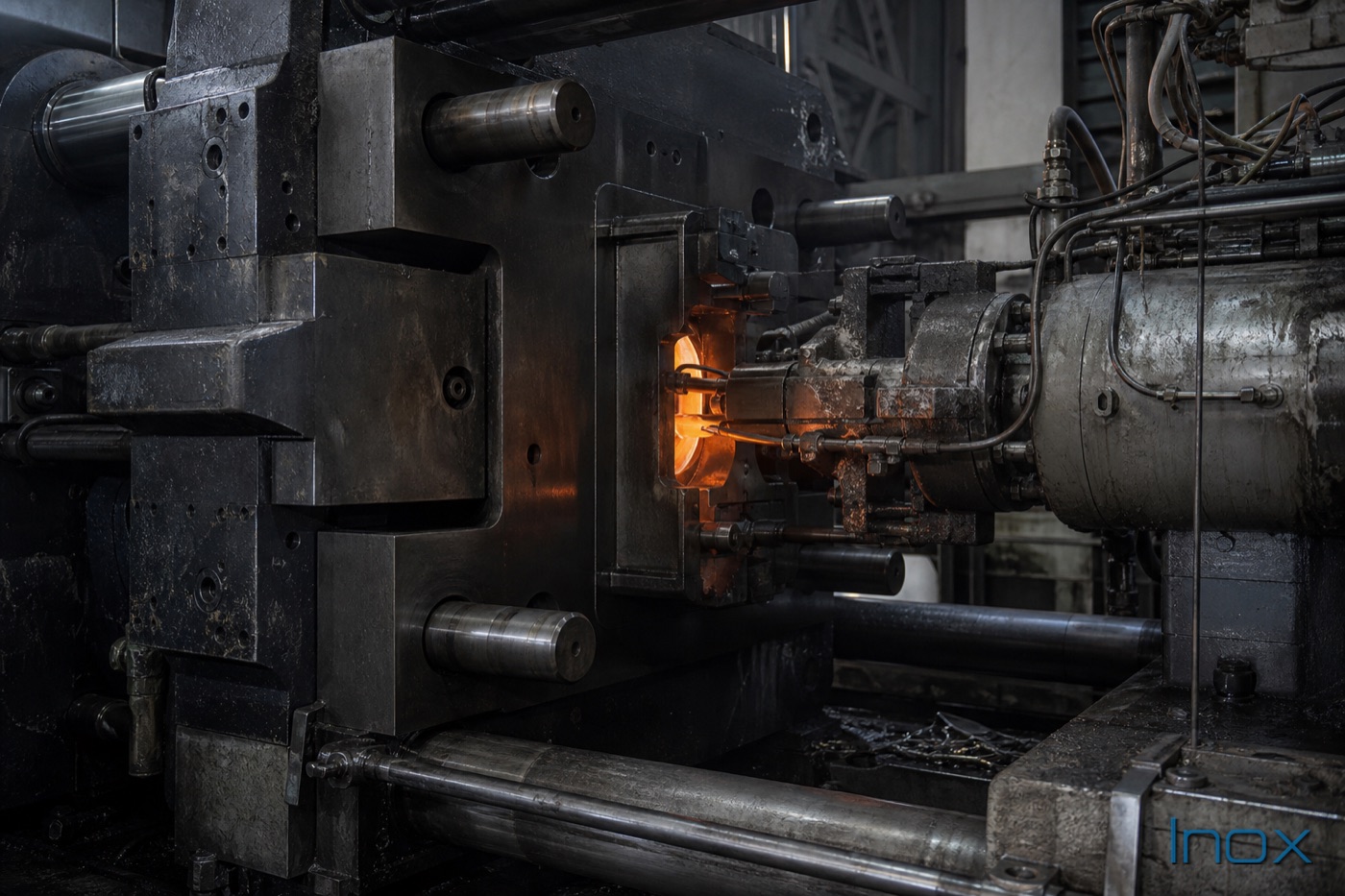 Molten aluminum being injected under pressure into a steel die on a cold chamber machine