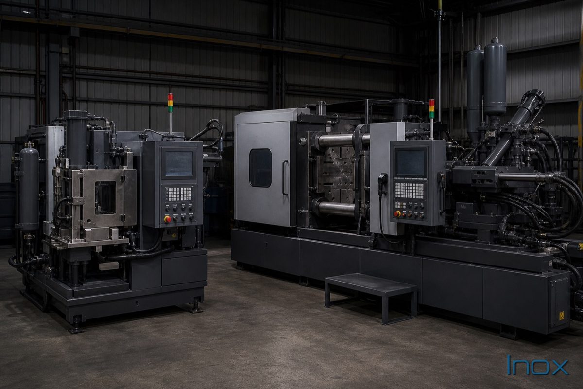 Hot chamber and cold chamber die casting machines side by side