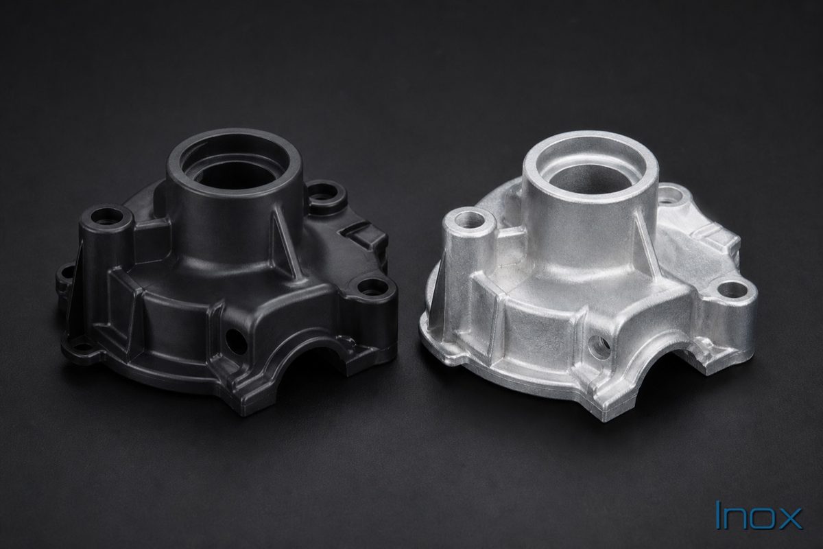 A plastic part beside its aluminum die-cast replacement