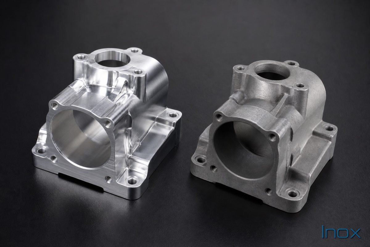 A machined aluminum prototype beside its die-cast production version