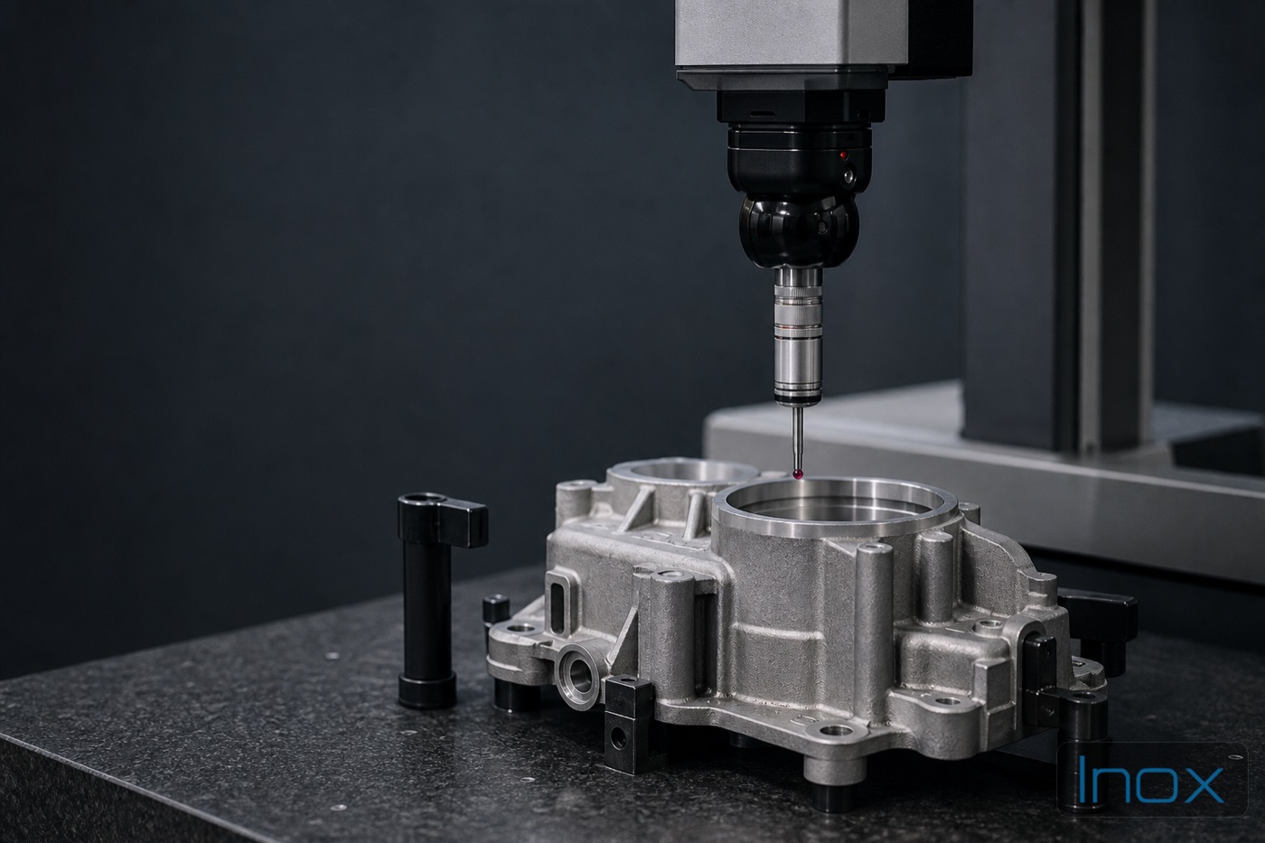 CMM probe inspecting a die-cast part in the measurement room