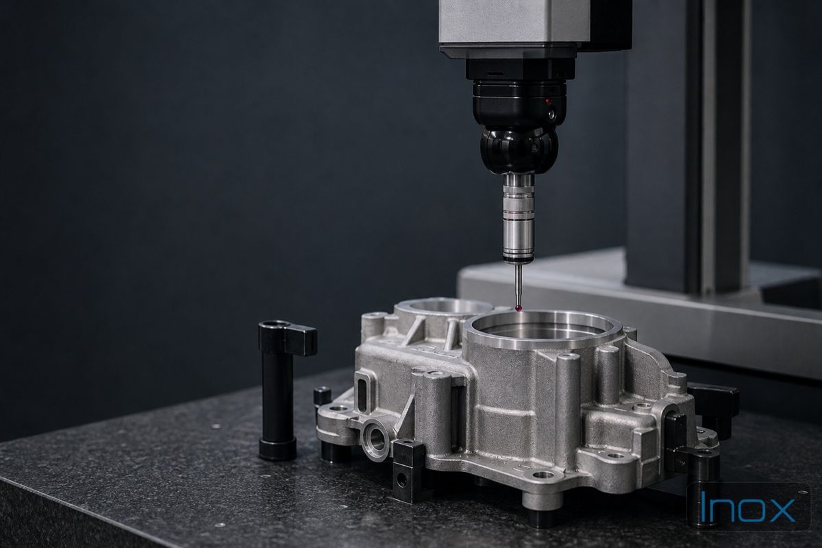 CMM probe inspecting a die-cast part in the measurement room