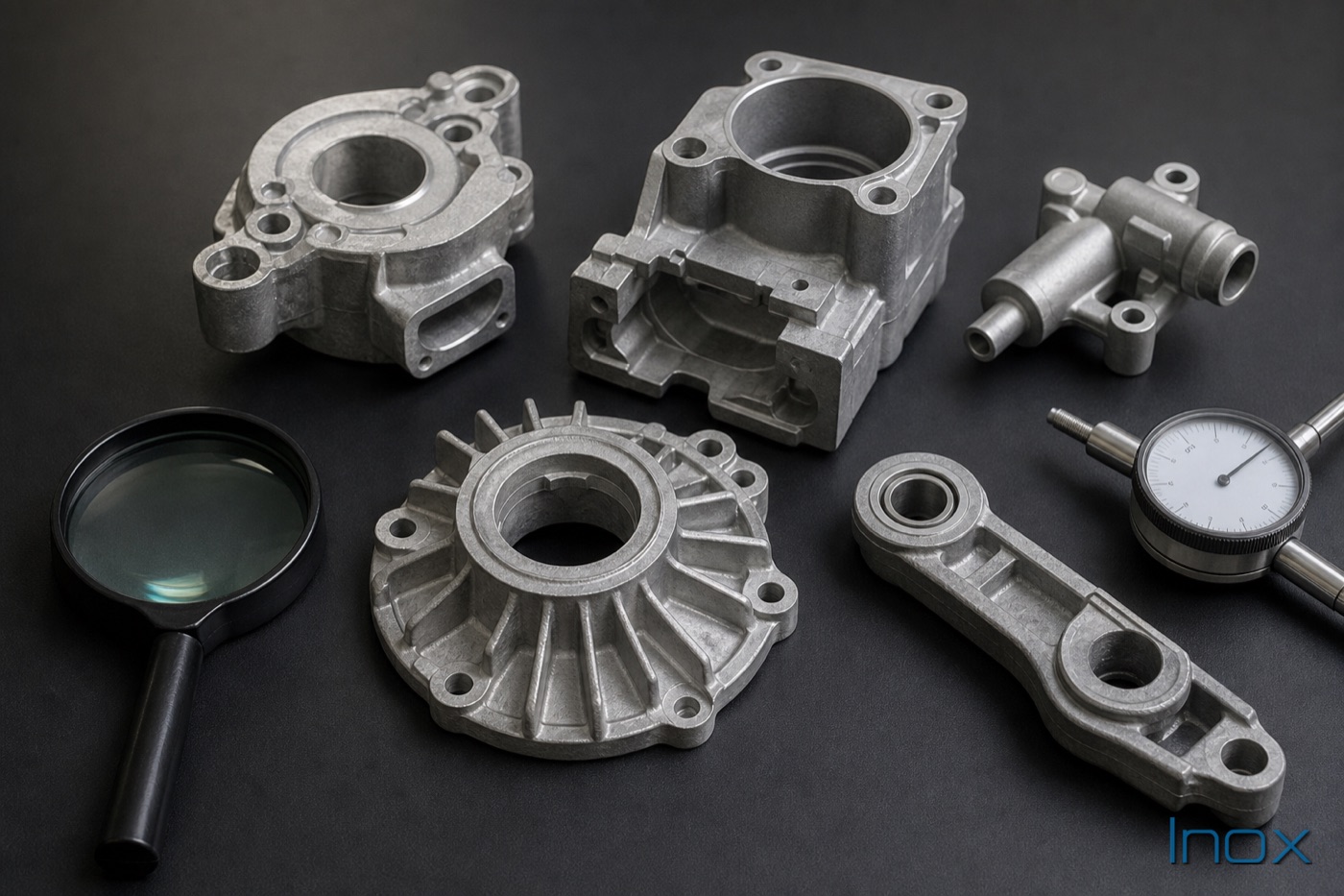 Die-cast parts arranged for supplier evaluation with a magnifier and gauge