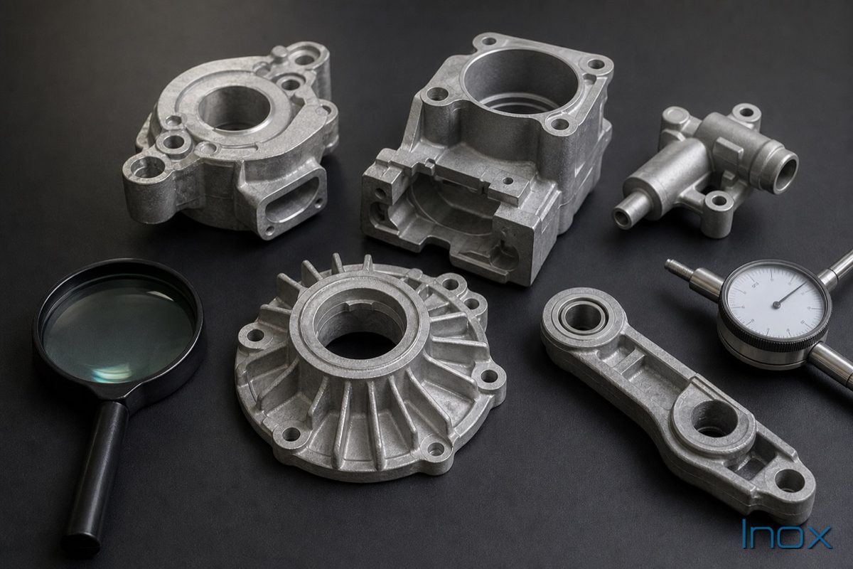 Die-cast parts arranged for supplier evaluation with a magnifier and gauge