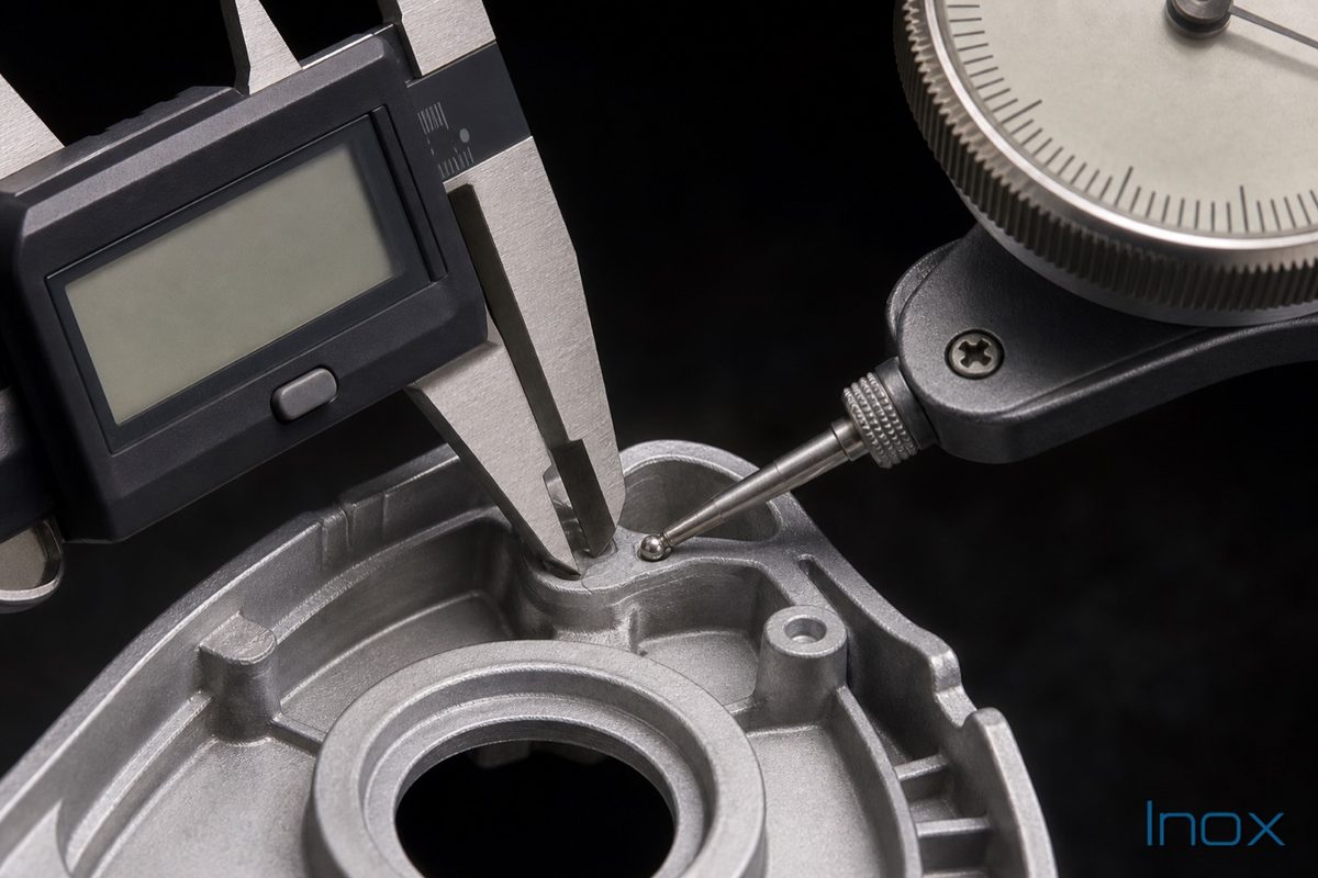 A caliper and precision gauge measuring a feature on a die-cast part