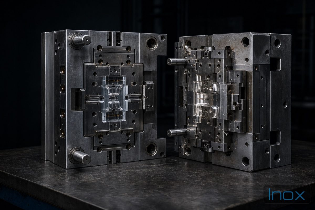 Steel die casting tool halves open on a bench in a tool room, cavity surfaces visible