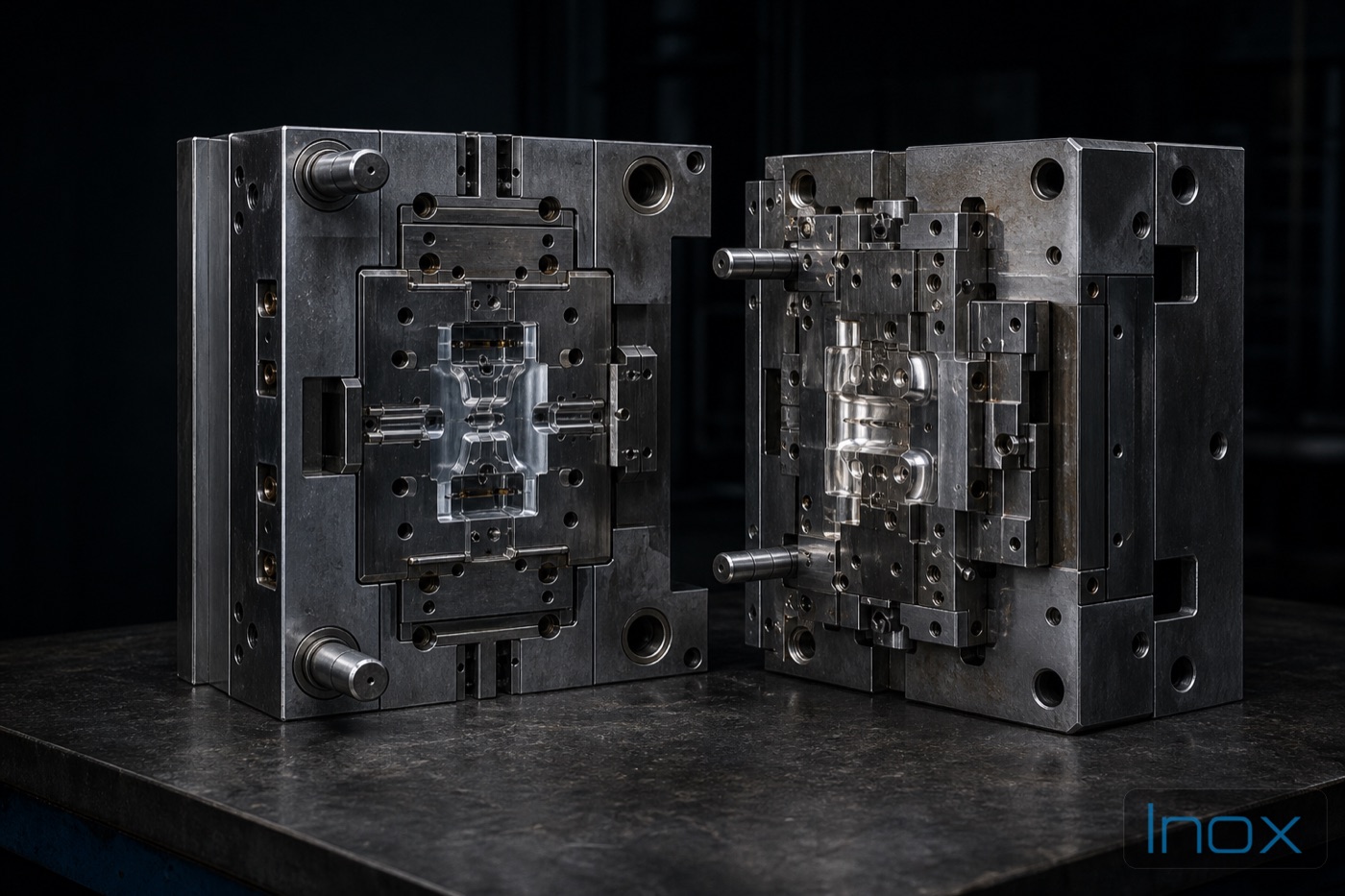 Steel die casting tool halves open on a bench in a tool room, cavity surfaces visible