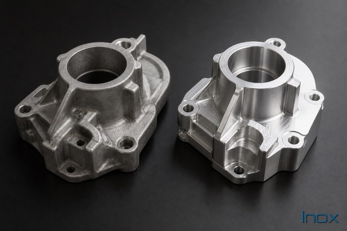 A die-cast aluminum part beside a CNC-machined billet part