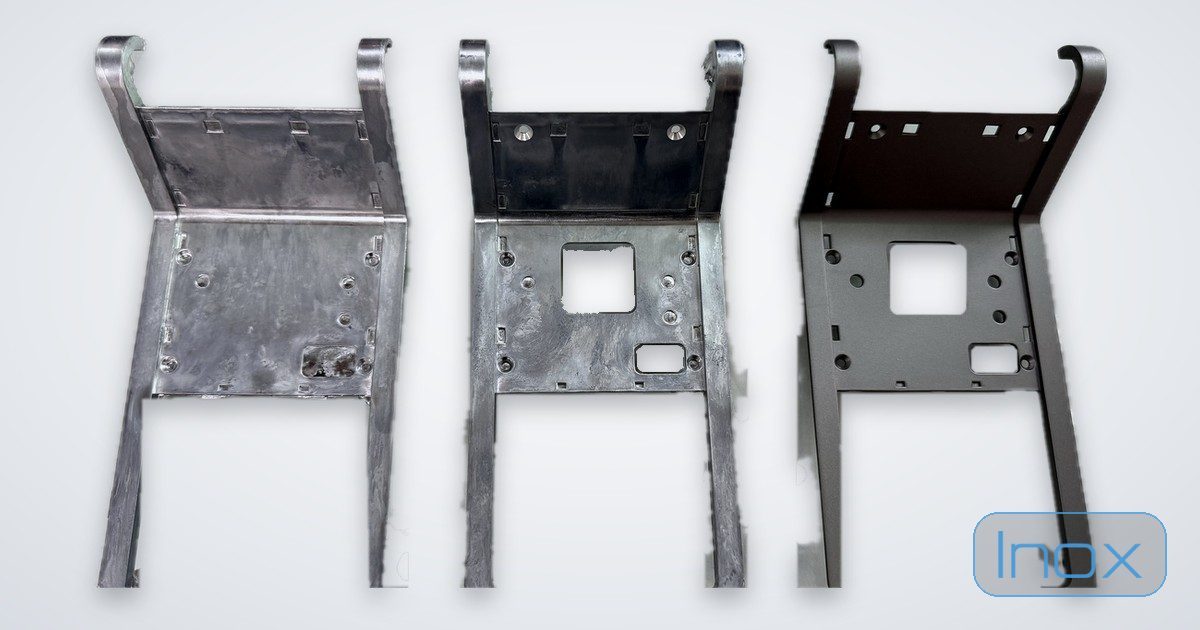 The same die-cast bracket as-cast, CNC-machined, and surface-finished