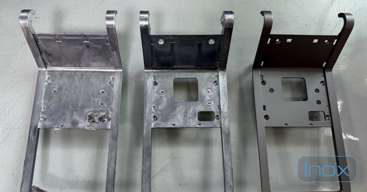 The same part at three stages: as-cast, CNC-machined, and surface-finished
